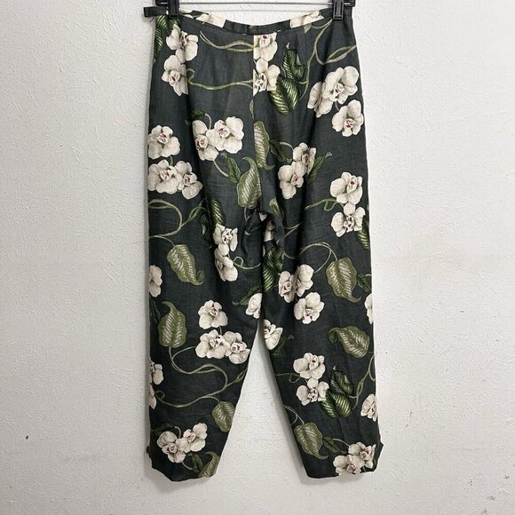 Silk Club Collection 100% Linen Crop Pants Green Floral Size 6 Fully Lined Zip - Picture 5 of 10